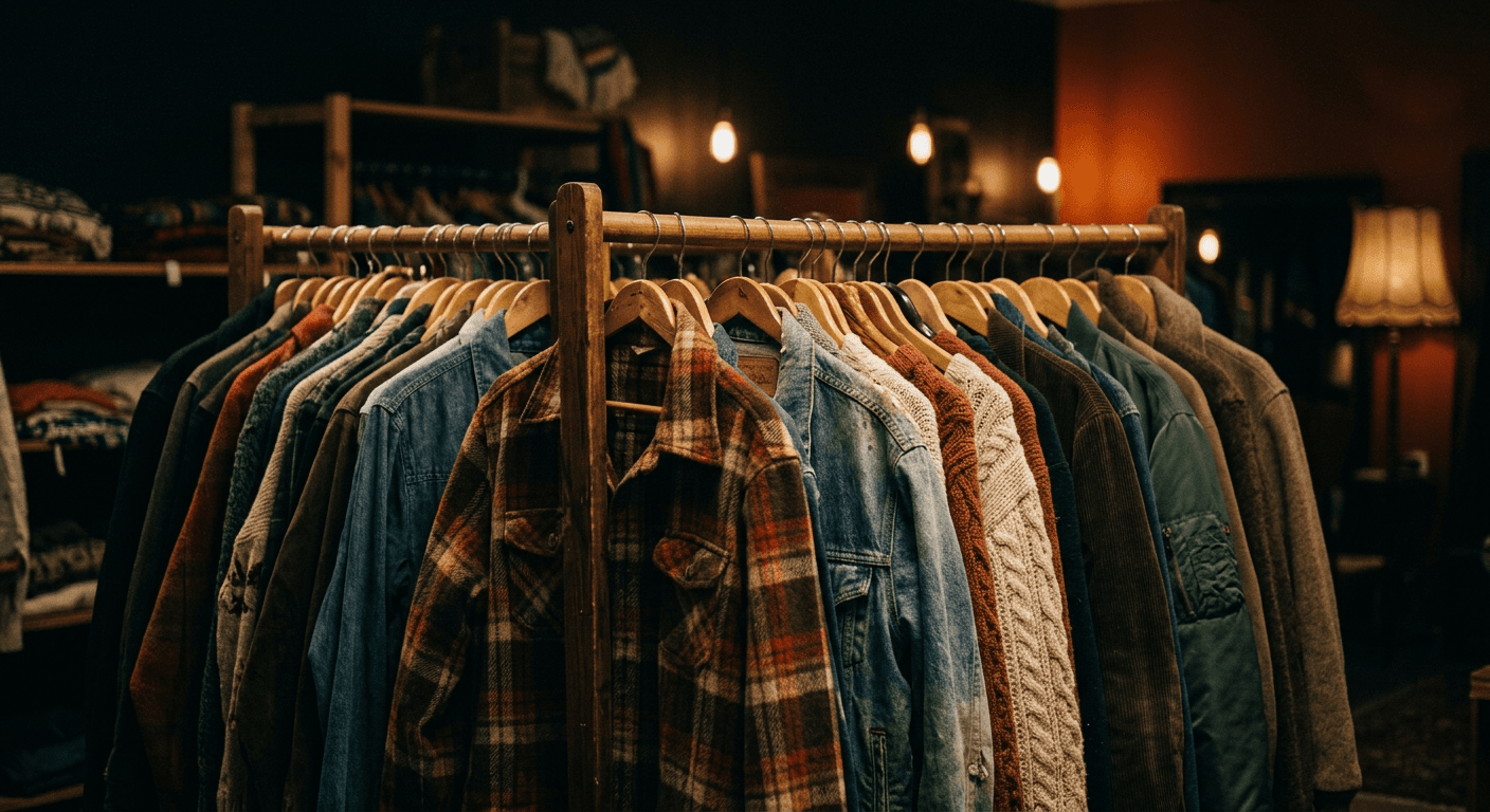 A rack of donated vintage jackets and sweaters